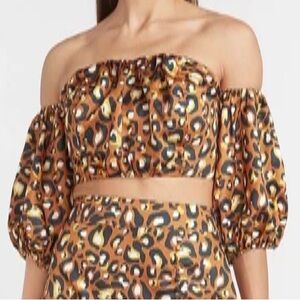 NWOT Express x Lady Gang Leopard Off Shoulder Black Gold Satin-Like Crop Top XL